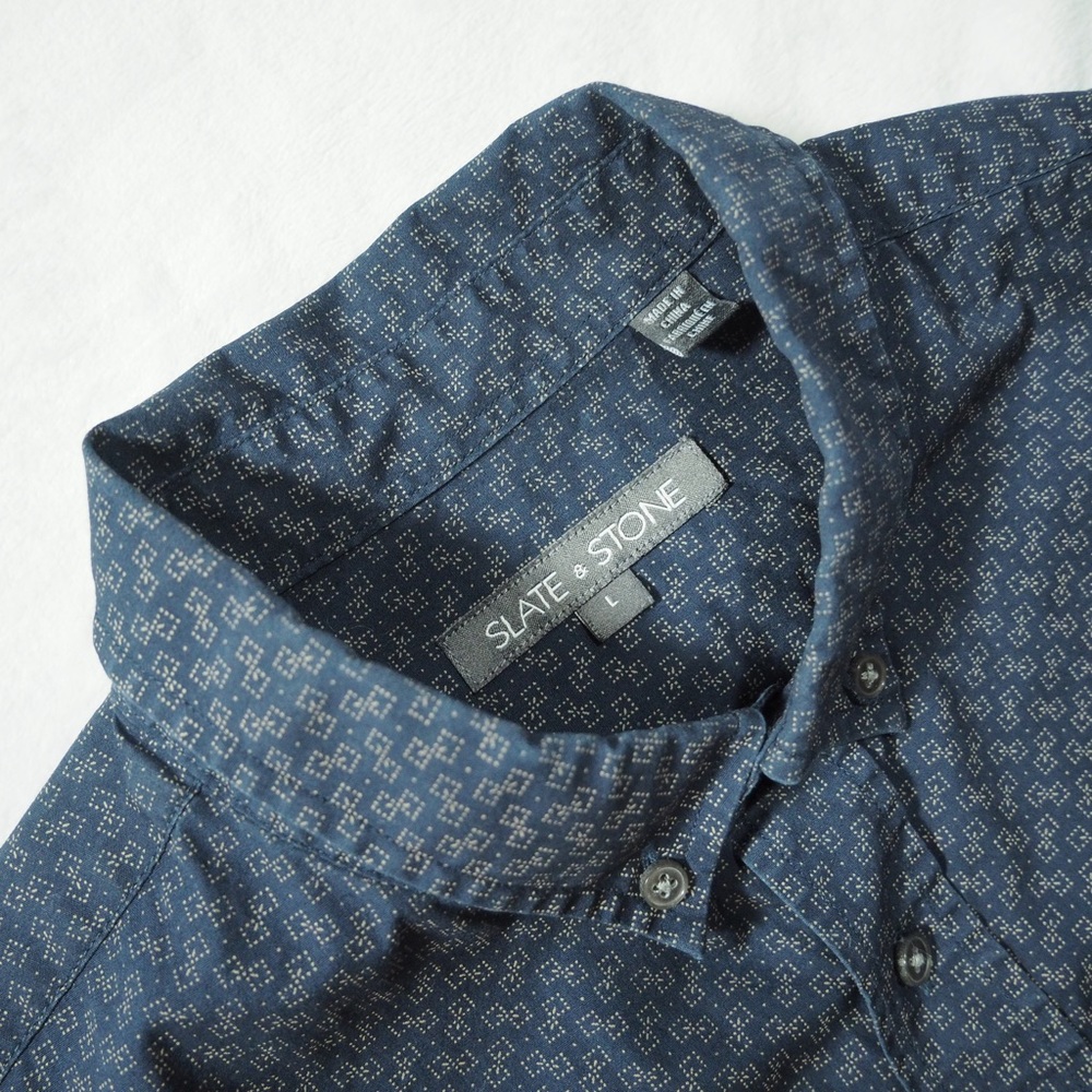 Slate & Stone Sz L Men's Navy Micro-Print Button Down Shirt 100% Cotton